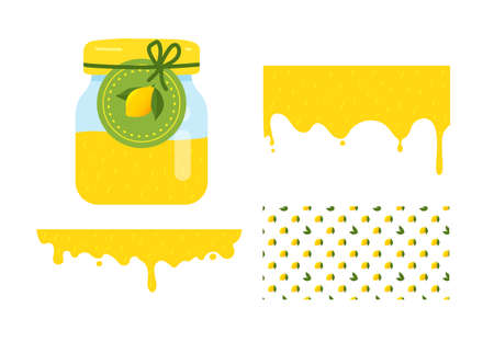 Glass jar with label and yellow jam. Flowing liquid Lemon jam.のイラスト素材
