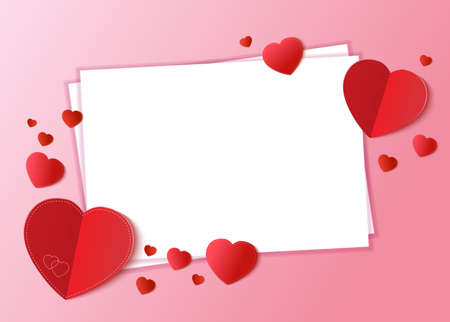 Background Valentines day. Pink background with red hearts and white sheet of paperのイラスト素材
