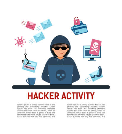 Hacker activity, Poster or banner. young man at the computer stealing confidential data.のイラスト素材