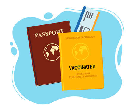 Immune certificate and international passport with air ticket. Vaccine passportのイラスト素材