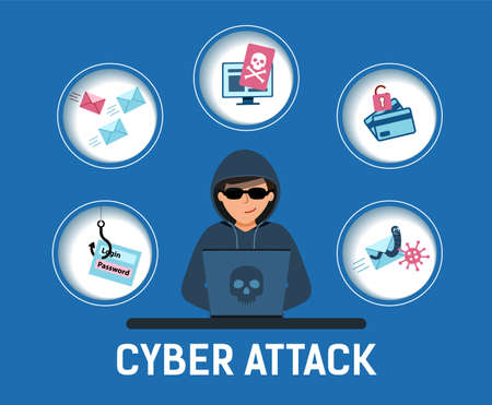 Illustration Hacker Cyber attack. Hacker at the computer stealing personal information, credit card.のイラスト素材