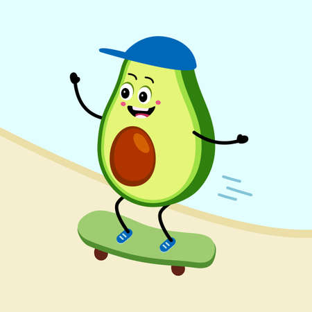 Cartoon Happy avocado on skateboard. Vector illustration in flat style.のイラスト素材