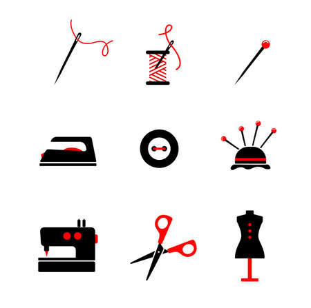 Icons set for tailor. needle with spool thread, iron, scissors,. Vector Sewingのイラスト素材
