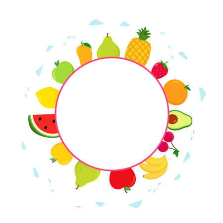 Summer fruit. circle frame with fresh Fruit. Strawberry, cherry, watermelon, apple, pear,のイラスト素材