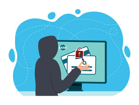 Hacker at the computer stealing confidential data, personal information,のイラスト素材