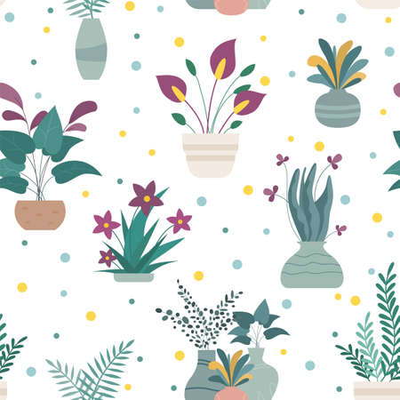 Cute seamless pattern with house plants in pots.のイラスト素材