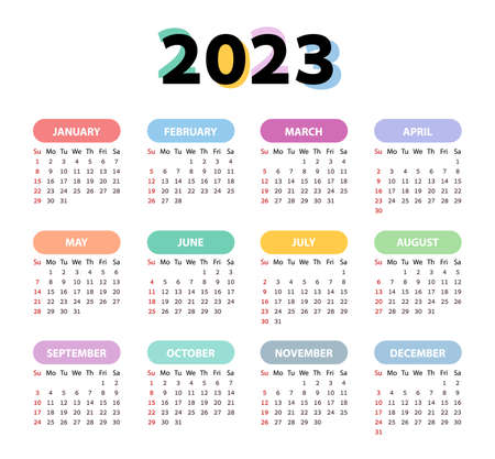 Rainbow calendar Year 2023. Square vector calendar. Starts Monday.