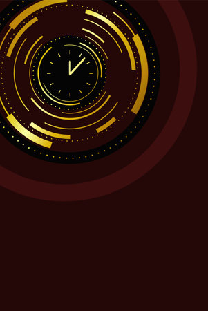 Dark background with golden circle lines. Red abstract backdrop with clock.のイラスト素材