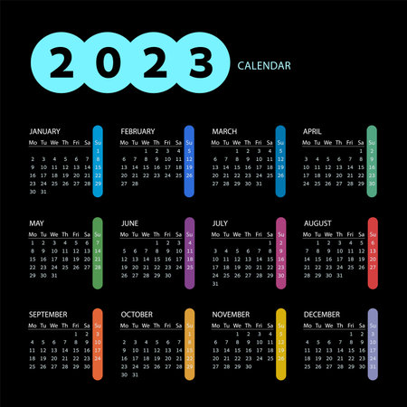 Colorful calendar Year 2023. Square vector calendar. Calendar on black Background for business.