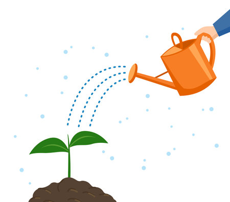 Hand holds a watering can and waters a flower sprout.のイラスト素材