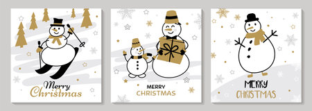 Christmas set cards, hand drawn. With Gold and black snowman, snowflakesのイラスト素材