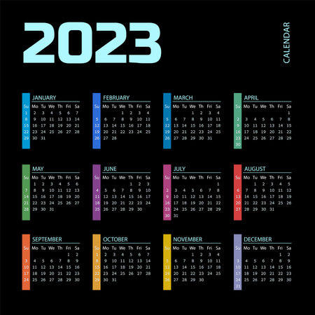 Colorful Year 2023 calendar. Square vector calendar. template, simple and clean design.のイラスト素材