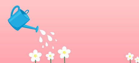 Illustration of watering flowers in the garden from a garden watering can. A bright bannerのイラスト素材