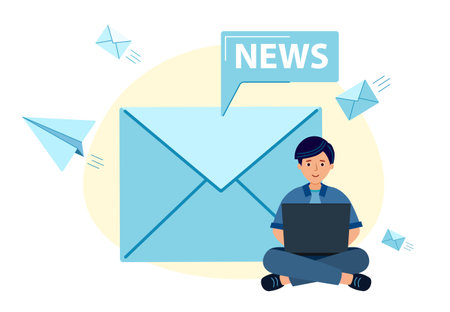 News concept An email. Mail is in an envelope. Man writes an e-mail.のイラスト素材