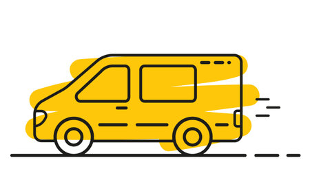 Delivery van. Transport linear style icon. Minibus outline vector on yellowのイラスト素材