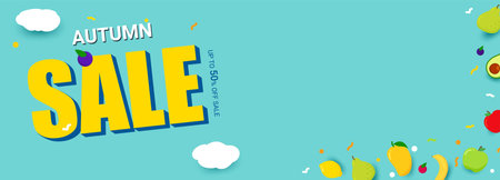 Sale Autumn banner. with fruits and clouds on blue.のイラスト素材