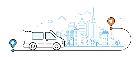 Bus and map icon. Delivery way to city. Blue and white. through forestのイラスト素材