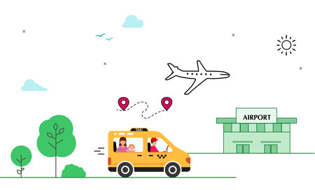 arriving man woman. Flying away man woman. taxi arriving. car. flight airplane airport.のイラスト素材