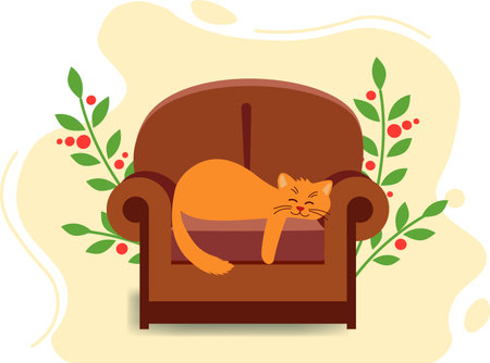 Cute cat is lying on back of chair in warm room. Concept of cozy home.のイラスト素材