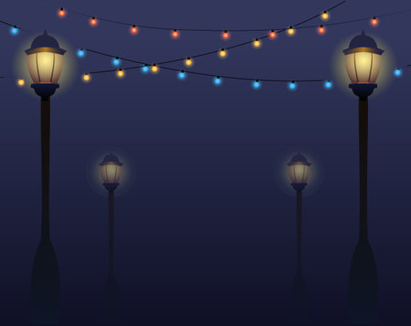 The lantern shines at night. The garland in the sky will light up. celebration and light.のイラスト素材