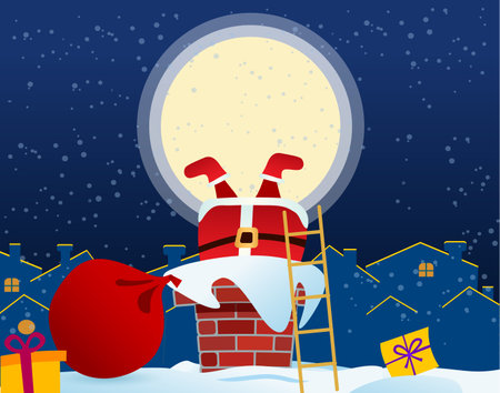 The moon is beautiful. Merry Christmas. Santa Claus dives down the chimney.のイラスト素材