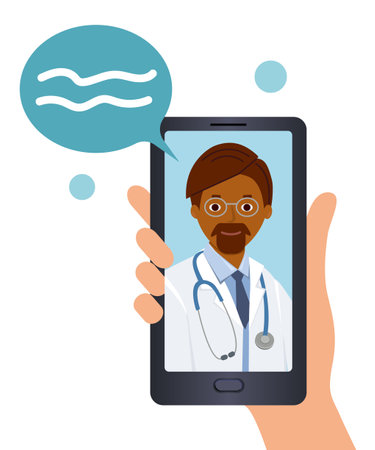 Call African doctor on phone using the media platform. Intact reception of the patient.のイラスト素材