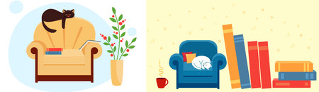 Concept of cozy home and reading. There books and mug of tea around chairのイラスト素材