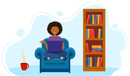 The girl is sitting in an armchair. African-American. there are books and coffee.のイラスト素材