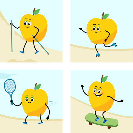 Cute apple character. sport - nordic walking, skateboard, swimming, Tennis,のイラスト素材