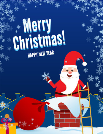 Merry Christmas and happy New Year. Santa Claus puts gifts in a chimney out of a bag.のイラスト素材