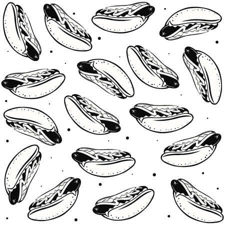 Black and white seamless pattern with hot dogs. Vector graphics.のイラスト素材