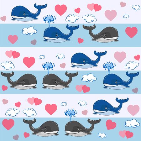 Pattern with whales and hearts. Mammal protection day. Vector graphics.のイラスト素材