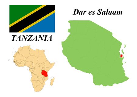 United Republic Of Tanzania. The capital of Dar as Salaam and Dodoma. Flag of Tanzania. Map of the continent of Africa with country borders. Vector graphics.のイラスト素材