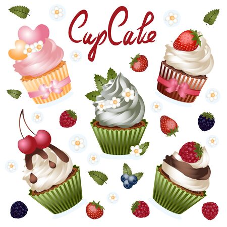 Colorful cupcakes are depicted on a white background. Isolated icons. Sweet pastries are decorated with various berries and sweets. A set for creativity and design. Icons for websites. For celebration.のイラスト素材