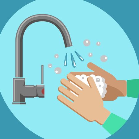 Wash your hands with soap suds and tap water in the bathroom. For personal hygiene, wash your hands under tap water to prevent flu and coronavirus. Thorough hand washing to kill bacteria and viruses. COVID-19 virus. Prevention of coronavirus.のイラスト素材