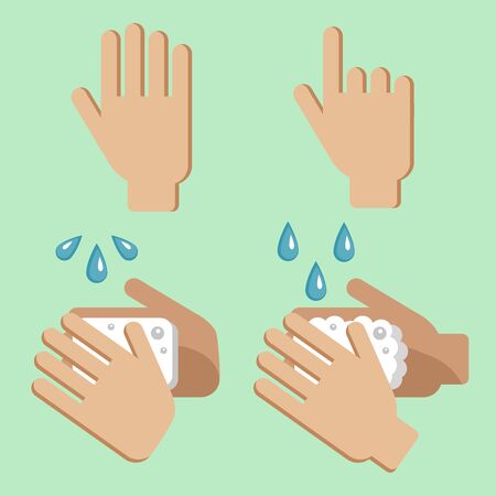 Hand washing with soap. Basic protective measures against covid-19 coronavirus disease. Hygiene and cleanliness. Prevention of coronavirus. Protection from germs and bacteria. Image of hands.のイラスト素材