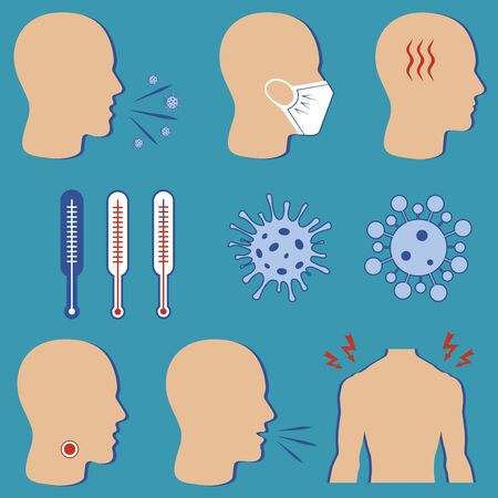 Icons for promoting covid-19 hygiene with wearing a face mask. Measurement of body temperature using a thermometer. Isolated vector icons. No infection and stop the virus. The symptoms of the disease and prevention infographic illustration.のイラスト素材
