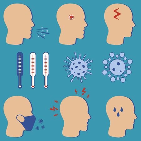 No infection and stop the virus. Isolated vector icons. Icons for promoting covid-19 hygiene with wearing a face mask. Measurement of body temperature using a thermometer. The symptoms of the disease and prevention infographic illustration.のイラスト素材