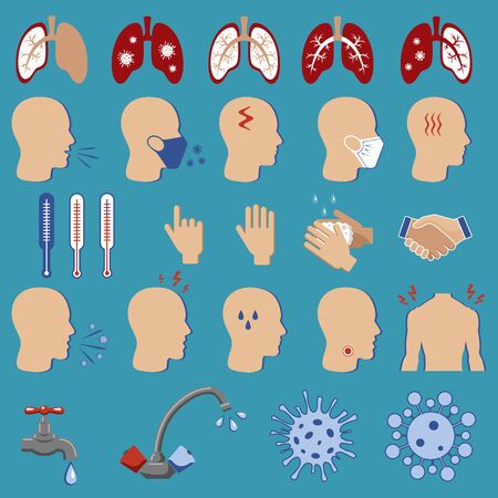 A set for the prevention of coronavirus infection. Icons for use in medical purposes. Isolated vector icons. Block a pandemic to stop a new outbreak. No infection and stop the virus. Templates for preparation of health posters.のイラスト素材