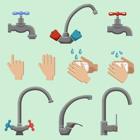 Wash your hands under the tap with sewage water. Vector graphics. Hand sanitizer. COVID-19 virus. Prevention of coronavirus.のイラスト素材