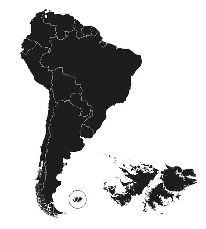Highly detailed map of the continent of South America and the Falkland Islands. Brazil and Argentina and Bolivia and Chile and Colombia and Ecuador and Guyana and Uruguay. Vector graphics. Black silhouette on a white background.のイラスト素材