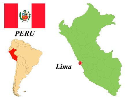 Republic of Peru. The Capital Is Lima. Flag Of Peru. Map of the continent of South America with country borders. Vector graphics.のイラスト素材