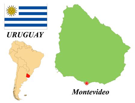 Eastern Republic Of Uruguay. Capital Of Montevideo. Flag Of Uruguay. Map of the continent of South America with country borders. Vector graphics.のイラスト素材