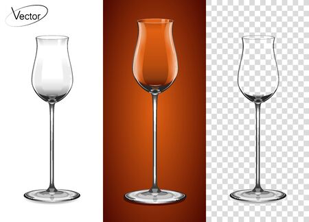 Empty glass on a transparent background and on a cognac background. Tableware for drinks made of glass. A glass for cognac and Armagnac. Realistic, highly detailed layout. The effect of 3d, vector.のイラスト素材