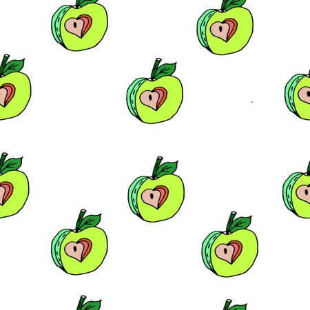 Beautiful green pattern. Hand-drawn illustration of an apple with a heart. Suitable for textiles, patternsの写真素材