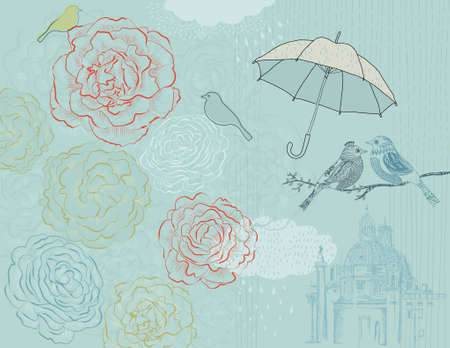 Rain Poster with roses, birds and landmark cathedral in the distanceのイラスト素材