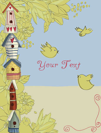 Colorful birdhouses stacked vertically, with birds and flowers, backgroundのイラスト素材
