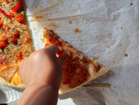 A slice of pizza with tomatoes and mozzarella cheese on a baking sheetの写真素材