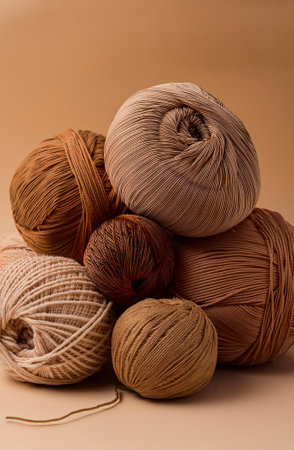 Woolen balls of yarn for knitting and crochet on a beige backgroundの素材