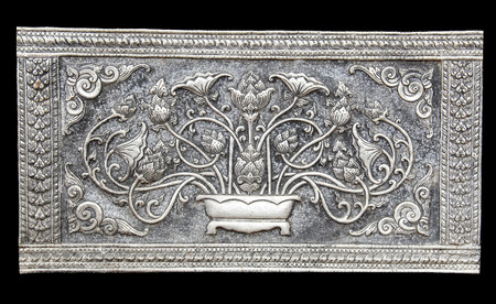 Decorative Art of Lanna Thai silver carving art on temple wall . Srisuphan temple , Chiang mai, Thailand , (Public area)の写真素材